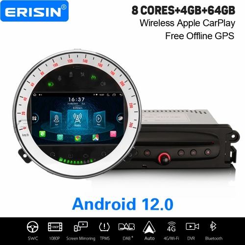 8-Cœur Android 12.0 IPS 4Go+64Go Autoradio pour BMW Mini Cooper CarPlay & Android Auto WiFi Canbus OBD2 DVD Bluetooth TPMS DAB+ Navi 8-UI ES8911M