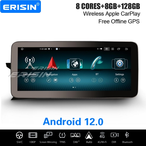 12.3" IPS 8-Core 8GB+128GB Android 12 Car Stereo Satnav for Mercedes-Benz C Class W204 S204 2011-2014 CarPlay&Android Auto WiFi Bluetooth 5.0 ES46C45L
