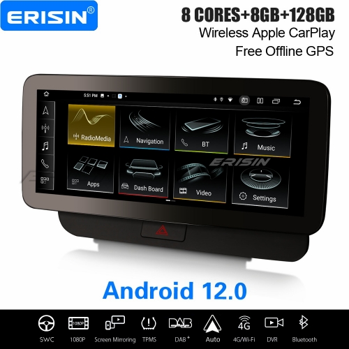 12.3" IPS 8-Core 8GB+128GB Android 12 Car Stereo DAB+ GPS Radio for Audi Q5 2009-2016 CarPlay&Android Auto WiFi USB DVR 4G TPMS Bluetooth 5.0 ES4675QL