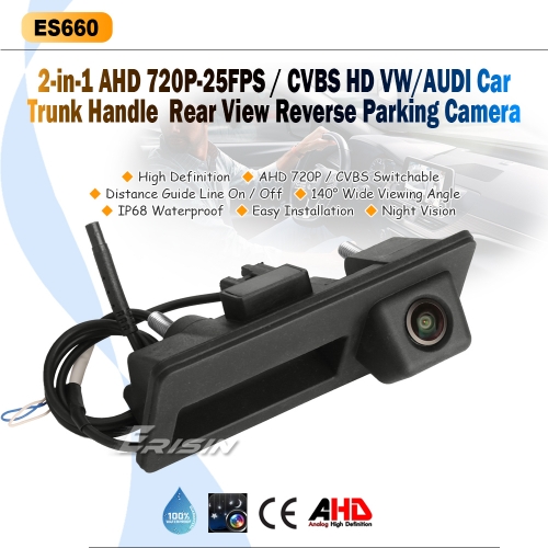 Caméra de recul 140° 2-IN-1 AHD 720P-25FPS/CVBS HD Poignée de coffre de voiture Vision de nuit Caméra de recul pour voitures VW/AUDI ES660