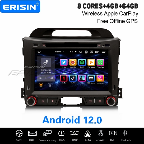 8-Core 4GB+64GB Android 12 Car Stereo DAB+ GPS Radio for Kia Sportage MK3 SL 2010-2015 CarPlay&Android Auto WiFi TPMS OBD2 Bluetooth 5.0 IPS ES8533S