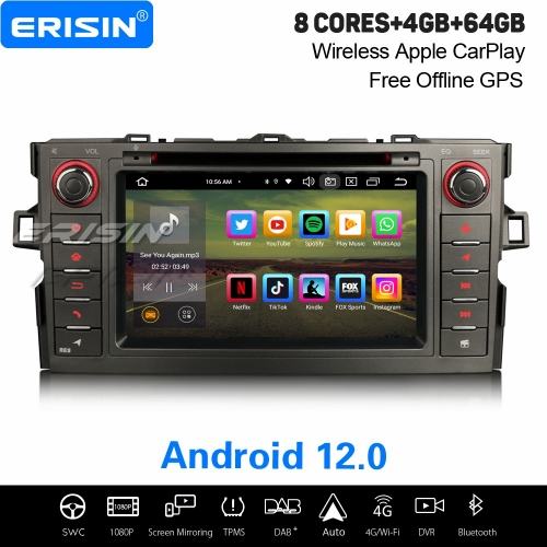 8-Core 4GB+64GB Android 12 Car Stereo DAB+ GPS Radio for Toyota AURIS CarPlay&Android Auto WiFi DVB-T TPMS DVR CD USB OBD2 Bluetooth 5.0 IPS ES8517A