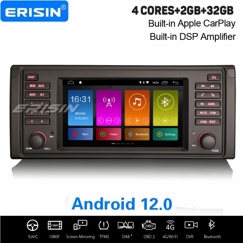 Erisin ES3153BN SWC CarPlay Android 12.0 Car Stereo Sat Navi DVD BMW E53 E39 5er X5 M5 DAB+DVD DSP 7" SWC TPMS DVR OBDII Mirror Link Bluetooth Split 4