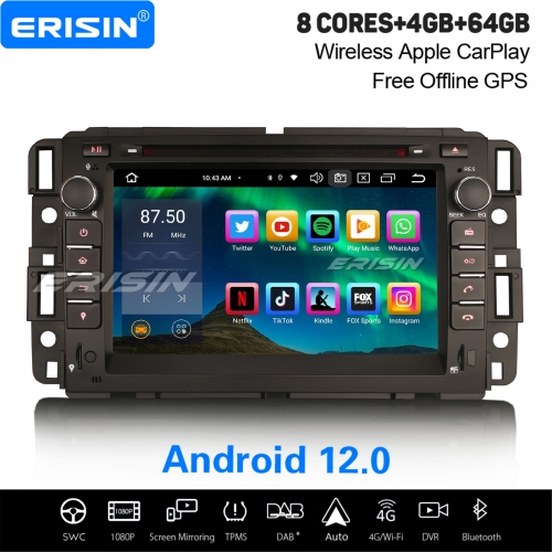 8-Cœurs 4Go+64Go Android 12 Autoradio DAB+ GPS Navi pour Chevrolet Silverado Buick GMC HUMMER CarPlay&Android Auto WiFi TPMS Bluetooth 5 OBD2 ES8574C