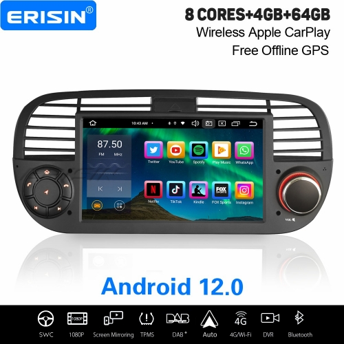 8-Cœurs 4Go+64Go Android 12 Autoradio DAB+ GPS Navi pour Fiat 500/500C/500S/500E CarPlay&Android Auto WiFi 4G TPMS Canbus Bluetooth 5.0 OBD2 ES8550FB