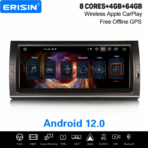 8-Core 10.25" IPS 4GB+64GB Android 12 Car Stereo DAB+ GPS Navi for BMW X5 E53 (2000-2007) CarPlay&Android Auto WiFi OBD2 USB DVR Bluetooth 5.0 ES8505B