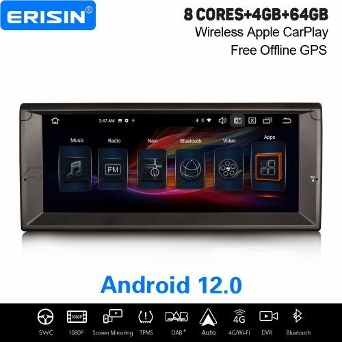 8-Core 10.25" IPS 4GB+64GB Android 12 Autoradio DAB+ GPS Navi for BMW 5 Series M5 E39 CarPlay&Android Auto WiFi 4G OBD2 USB DVR Bluetooth 5.0 ES8503B