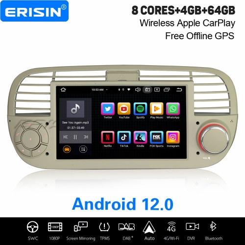 8-Cœurs 4Go+64Go Android 12 Autoradio DAB+ GPS Navi pour Fiat 500/500C/500S/500E CarPlay&Android Auto WiFi TPMS Canbus 4G Bluetooth 5.0 OBD2 ES8550FW