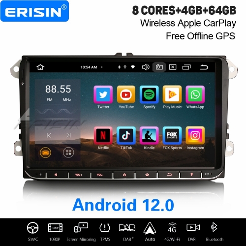 9" 8-Core 4GB+64GB Android 12 Car Stereo DAB+ GPS Radio for VW Amarok Crafter Caddy T6 Polo 6R Skoda Yeti CarPlay&Android Auto WiFi TPMS OBD2 ES8552V