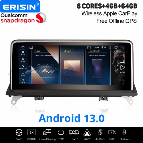 10.25" Qualcomm 8-Core 4GB+64GB Android 13 DAB+ Car Stereo Navi for BMW X5 E70 X6 E71 (2011-2013) CIC CarPlay&Android Auto WiFi Bluetooth 5.0 ES3370I