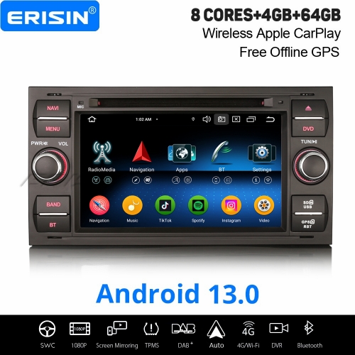 8-Core Android 13.0 Car Stereo Satnav for FORD C-Max S-Max Focus Galaxy Kuga Transit Connect Fiesta CarPlay Android Auto 64GB WiFi DAB+ DSP CD ES6766F