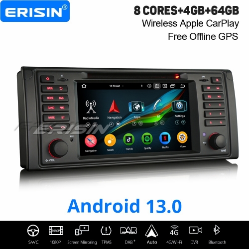 8-Cœur Android 13.0 Autoradio Navi pour BMW Série 5 E39 M5 CarPlay Android Auto 4Go RAM + 64Go ROM WiFi 4G Bluetooth 5.0 DAB+ TNT DSP DVR DVD ES6739B
