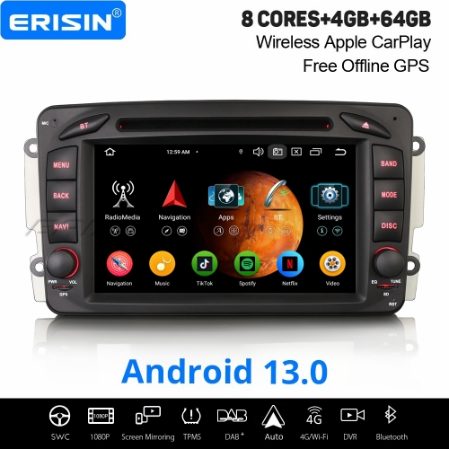 8-Core Android 13.0 Car Stereo Satnav for Mercedes A/C/CLK/G Class W203 W209 Viano Vito CarPlay Android Auto 4GB+64GB WiFi DAB+ GPS DSP DVR CD ES6763C