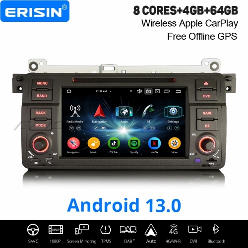 8-Core Android 13 Car Stereo Satnav for BMW 3er/M3 E46 Rover 75 MG ZT CarPlay Android Auto 4GB+64GB WiFi 4G Bluetooth 5.0 DAB+ DTV DSP DVR CD ES6746B