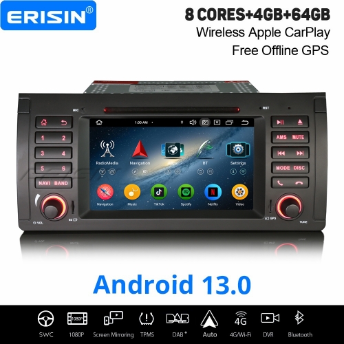 8-Cœur Android 13.0 Autoradio Navi pour BMW X5 E53 Wireless CarPlay Android Auto 4Go RAM + 64Go ROM WiFi 4G Bluetooth 5.0 DAB+ TNT DSP DVR CD ES6753B