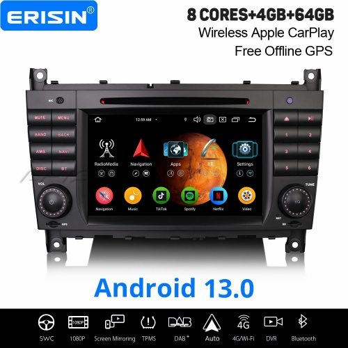 8-Core Android 13.0 Car Stereo Satnav for Mercedes C/CLC/G Class W203 CarPlay Android Auto 4GB+64GB WiFi 4G Bluetooth 5.0 DAB+ DTV DSP DVR CD ES6769C