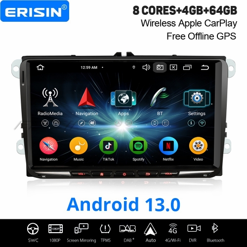 9" 8-Core Android 13.0 Car Stereo GPS for VW Caddy Golf 5/6 Passat B6 Touran Vento SEAT Skoda Yeti CarPlay Android Auto 64GB WiFi DAB+ DSP DVR ES6791V