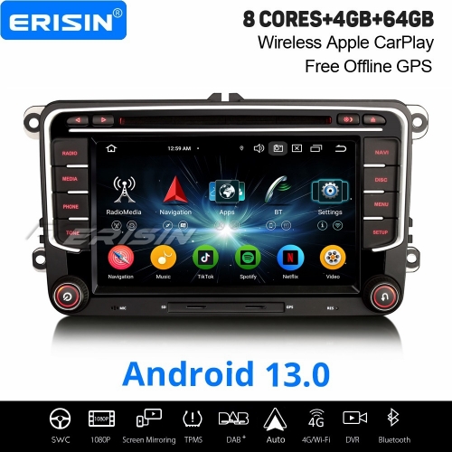 8-Cœur Android 13 Autoradio Navi pour VW Amarok Caddy Golf 5/6 Jetta Passat Polo Tiguan SEAT SKODA CarPlay 4Go+64Go WiFi Bluetooth DAB+ DSP ES6735V