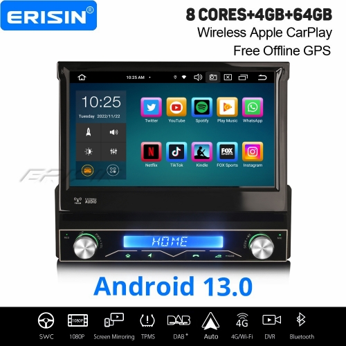 8-Cœur Android 13 Universel 1 DIN Autoradio Navi Wireless CarPlay Android Auto 4Go RAM +64Go ROM WiFi Bluetooth 5.0 DAB+ TNT DSP OBD2 DVR IPS ES8368U