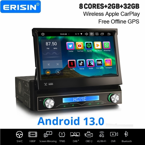 8-Cœur Android 13 Universel 1 DIN Autoradio Navi Wireless CarPlay Android Auto 2Go RAM +32Go ROM WiFi Bluetooth 5.0 DAB+ TNT DSP OBD2 DVR IPS ES8368U