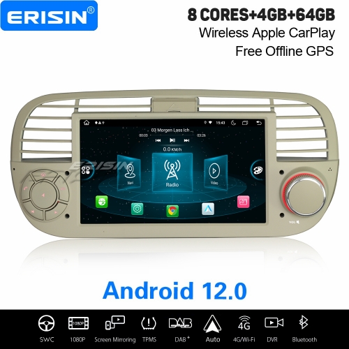 8-Cœur Android 12.0 IPS 4Go+64Go Autoradio Navi pour Fiat 500 500C 500S 500E Apple CarPlay Android Auto WiFi Canbus OBD2 Bluetooth TPMS DAB+ ES8905FW