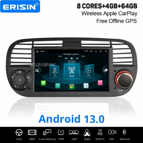 8-Cœur Android 13.0 IPS 4Go+64Go Autoradio Navi pour Fiat 500 500C 500S 500E Apple CarPlay Android Auto WiFi Canbus OBD2 Bluetooth TPMS DAB+ ES8905FB