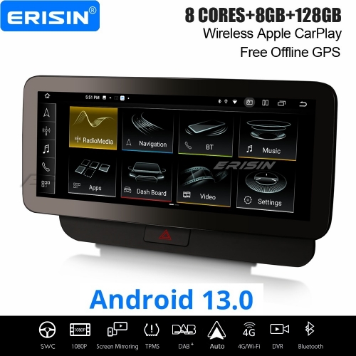 12,3" IPS 8-Cœur 8Go+128Go Android 13 Autoradio DAB+GPS Navigation pour Audi Q5 2009-2016 CarPlay&Android Auto WiFi USB DVR 4G Bluetooth 5.0 ES4675QL