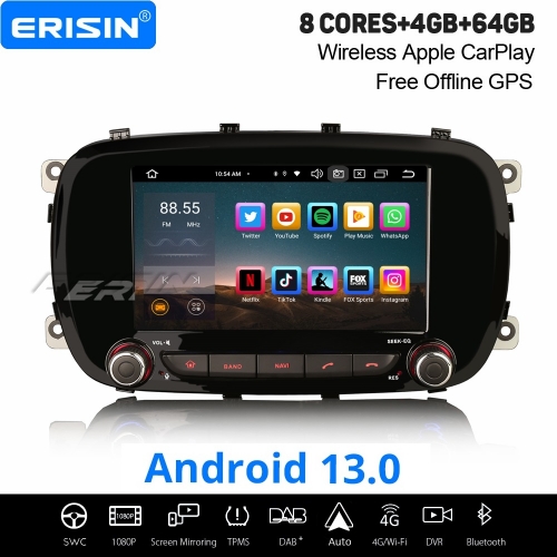 8-Core 4GB+64GB Android 13 Autoradio DAB+ GPS Radio for Fiat 500X 2014-2020 CarPlay Android Auto Bluetooth 5.0 WiFi 4G USB TPMS Canbus OBD2 ES8555X