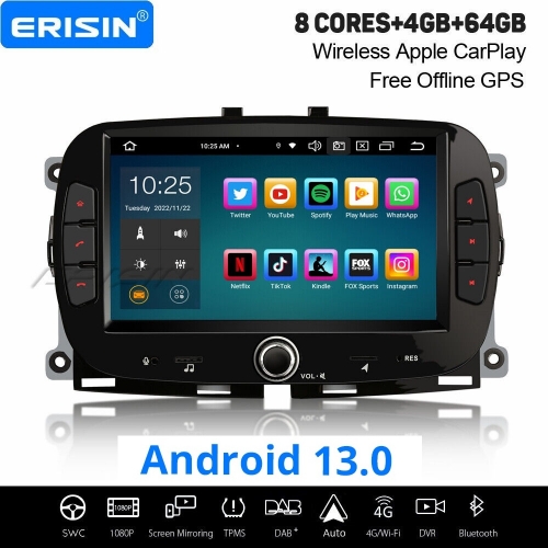 8-Core 4GB+64GB Android 13 Car Stereo DAB+ GPS Radio for Fiat 500/500C/500S/500E CarPlay Android Auto Bluetooth WiFi 4G USB TPMS Canbus OBD2 ES8551F