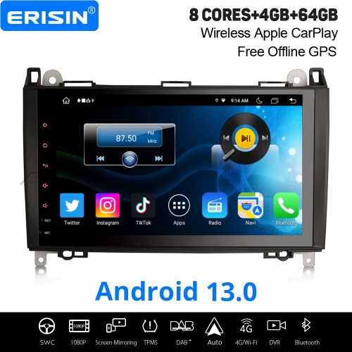 9" Android 13.0 Car Stereo 8-Core 4GB+64GB DAB+ Navi for Mercedes A/B-Class W245 Viano Vito VW Crafter CarPlay Android Auto WiFi Bluetooth USB ES8890B