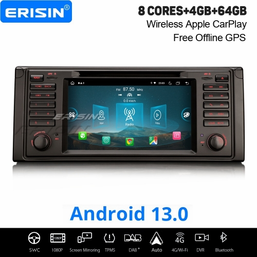 8-Core Android 13 Car Stereo 4GB+64GB Navi for BMW 5 Series E39 M5 Apple CarPlay Android Auto DSP 4G WiFi USB DVD CANBus Bluetooth DAB+ OBD2 ES8939B