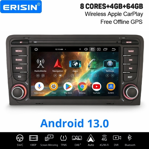 Erisin 8 Cœurs 4Go+64Go Android 13 Autoradio Navi pour AUDI A3 (2003-2011) S3 RS3 RNSE-PU CarPlay Android Auto WiFi 4G Bluetooth 5.0 DAB+ DSP ES5773A