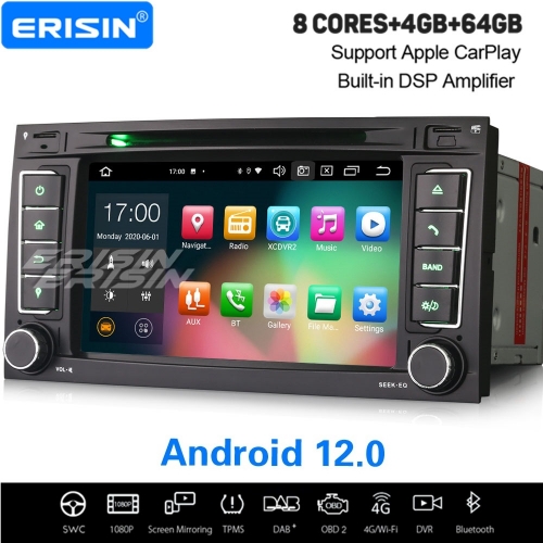 Erisin 4GB+64GB 8 Core Android 12.0 Car Stereo for VW Touareg T5 Multivan DVD USB GPS DAB+ CarPlay DVB-T DVR TPMS OBD2 DSP Bluetooth 7 inch ES8156T