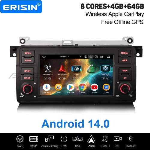 Erisin 8 Core 4GB+64GB Android 14 Car Stereo GPS Navigation for MW 3er E46 Rover 75 MG ZT CarPlay Android Auto WiFi 4G USB Bluetooth 5.0 DAB+ ES5746BN