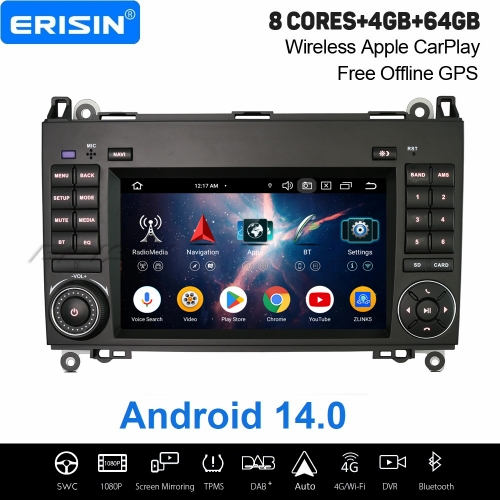 Erisin 8 Cœur 4+64Go Android 14 Autoradio GPS pour Mercedes A/B Classe W169 Sprinter Vito VW Crafter CarPlay Android Auto WiFi USB Bluetooth ES5772BN