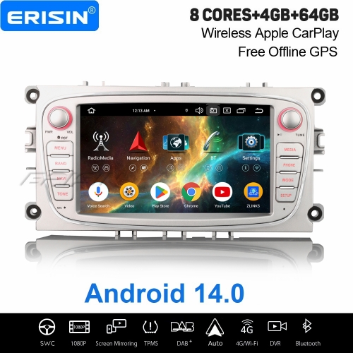 Erisin 8 Core 4GB+64GB Android 14 Car Stereo GPS Navi for Ford Focus S/C-Max Galaxy Mondeo CarPlay Android Auto WiFi USB Bluetooth DSP DAB+ ES5768FSN