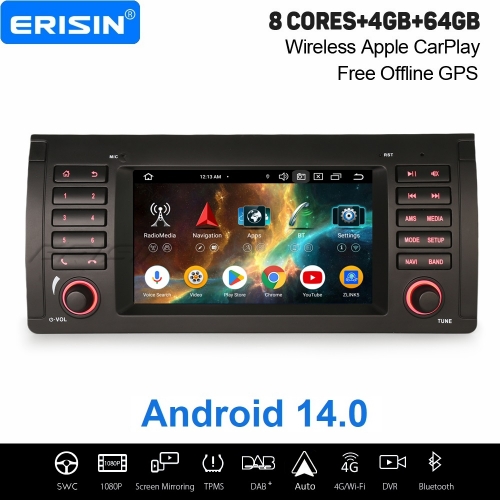 Erisin 8 Core 4GB+64GB Android 14 Car Stereo GPS Navigation for BMW X5 E53 CarPlay Android Auto WiFi 4G USB Bluetooth 5.0 DAB+ Radio DSP TPMS ES5753BN