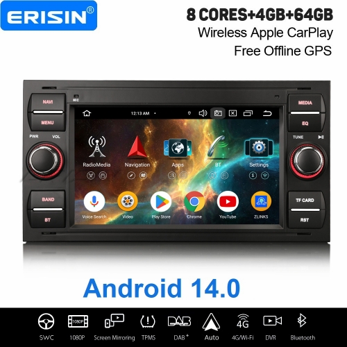 Erisin 8 Core 4GB+64GB Android 14 Car Stereo GPS Navi for Ford Focus C-Max Kuga Fiesta Transit CarPlay Android Auto WiFi USB Bluetooth DAB+ ES5766FBN