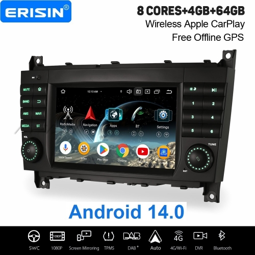 Erisin 8 Cœur 4+64Go Android 14 Autoradio GPS Navigateur pour Mercedes Classe C/CLC/G W203 W463 CarPlay Android Auto WiFi USB Bluetooth DAB+ ES5769CN