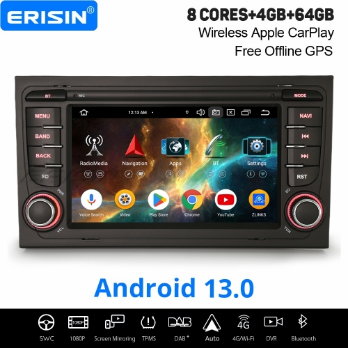 Erisin 8 Core 4GB+64GB Android 13 Car Stereo Satnav for Audi A4 S4 RS4 SEAT EXEO CarPlay Android Auto WiFi 4G USB Bluetooth 5.0 DAB+ DSP TPMS ES5774A