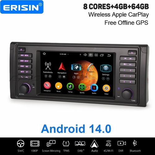 Erisin 8 Cœurs 4Go+64Go Android 14 Autoradio Navigateur pour BMW 5er E39 CarPlay Android Auto WiFi 4G USB Bluetooth 5.0 DAB+ Radio DSP TPMS ES5739BN