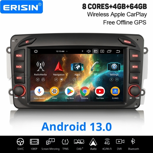 Erisin 8 Cœurs 64Go Android 13 Autoradio GPS Navigateur pour Mercedes Classe C/CLK/A/G W209 W203 CarPlay Android Auto WiFi USB Bluetooth DAB+ ES5763C