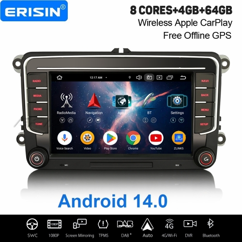 Erisin 8 Cœur 4+64Go Android 14 Autoradio Navi pour VW Golf 5/6 Passat Tiguan Touran SEAT Skoda CarPlay Android Auto WiFi USB Bluetooth DAB+ ES5735VN