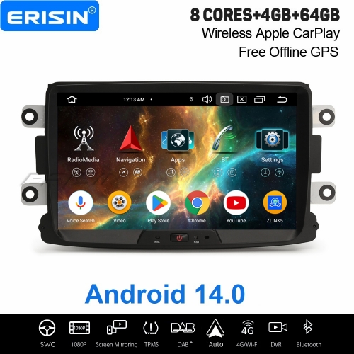 Erisin 8" 8 Core 64GB Android 14 Car Stereo Navi for Dacia Logan Lodgy Duster Sandero Dokker CarPlay Android Auto WiFi USB Bluetooth DSP DAB+ ES5729DN