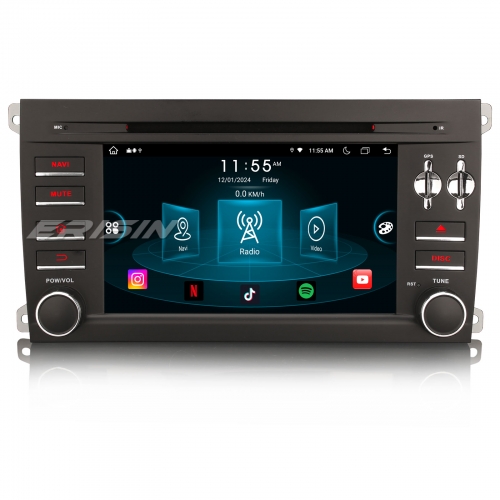 Erisin Android 14 8 Core 4GB+64GB Head Unit for Porsche Cayenne 9-UI Wireless CarPlay Android Auto WiFi 4G CD USB OBD2 Canbus DAB+ Sat Nav RDS ES8914C