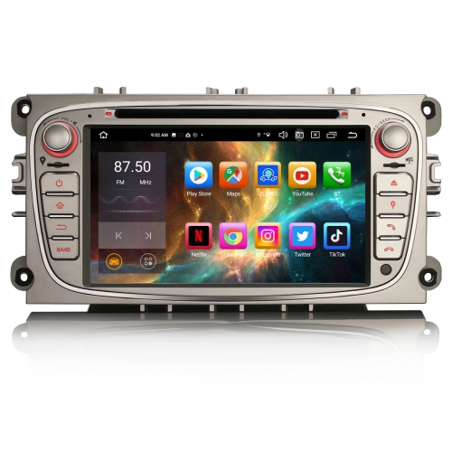 Erisin Android 14 64Go Autoradio DAB+ Navigateur pour Ford Mondeo Focus S-Max C-Max Galaxy CarPlay Android Auto WiFi 4G DVD USB Bluetooth 5.0 ES8509FS