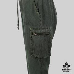 Washed Drawstring Tencel Pant with Ribbed Hem in Army Green