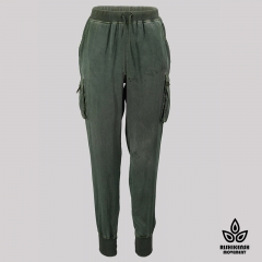 Washed Drawstring Tencel Pant with Ribbed Hem in Army Green