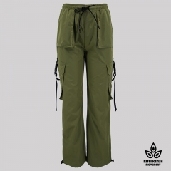 Straight Leg Drawstring Trousers with Fuctional Pockets in Army Green
