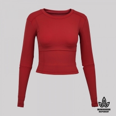 Snow Washed Stretchy Round-Neck Top with Cut at Elbows in Red